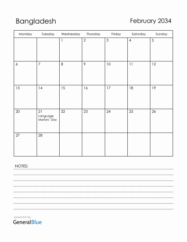 February 2034 Bangladesh Calendar with Holidays (Monday Start)