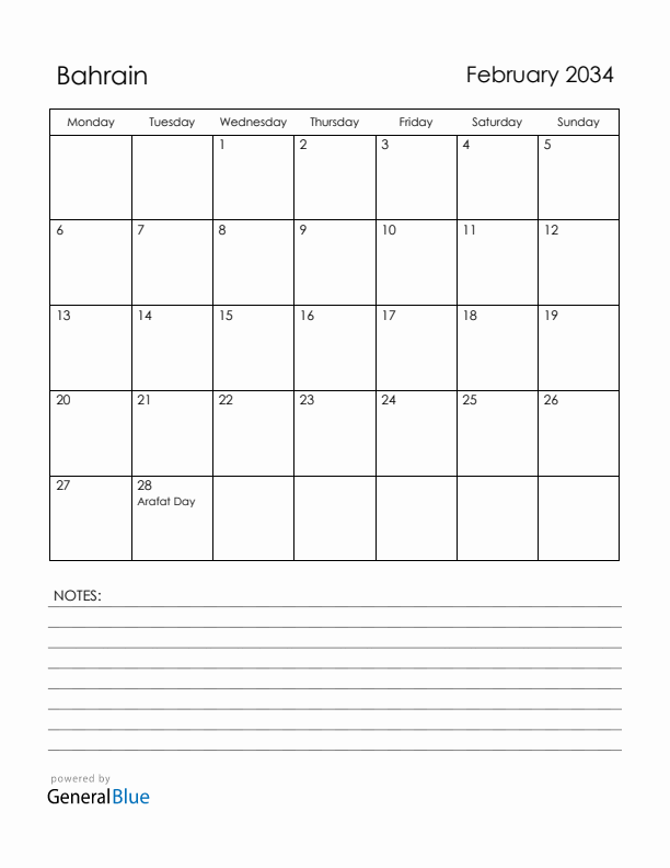 February 2034 Bahrain Calendar with Holidays (Monday Start)