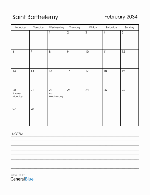 February 2034 Saint Barthelemy Calendar with Holidays (Monday Start)
