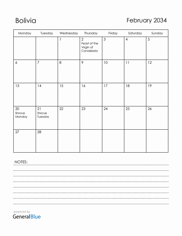 February 2034 Bolivia Calendar with Holidays (Monday Start)