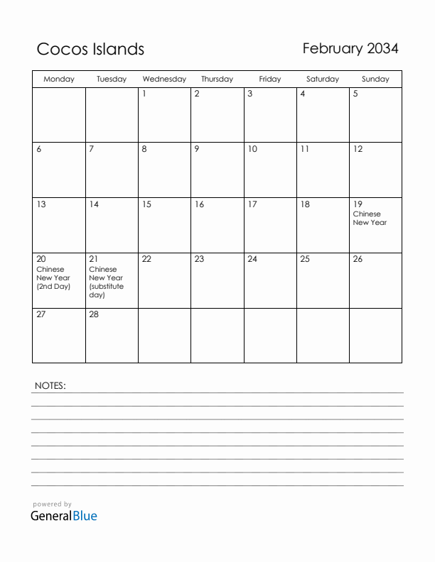 February 2034 Cocos Islands Calendar with Holidays (Monday Start)