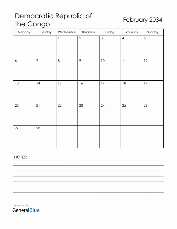 February 2034 Democratic Republic of the Congo Calendar with Holidays (Monday Start)