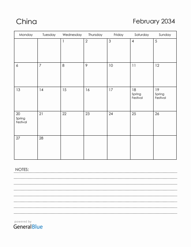 February 2034 China Calendar with Holidays (Monday Start)