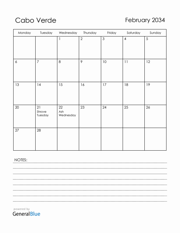 February 2034 Cabo Verde Calendar with Holidays (Monday Start)