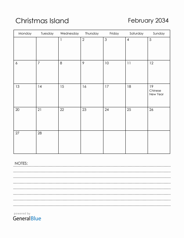 February 2034 Christmas Island Calendar with Holidays (Monday Start)