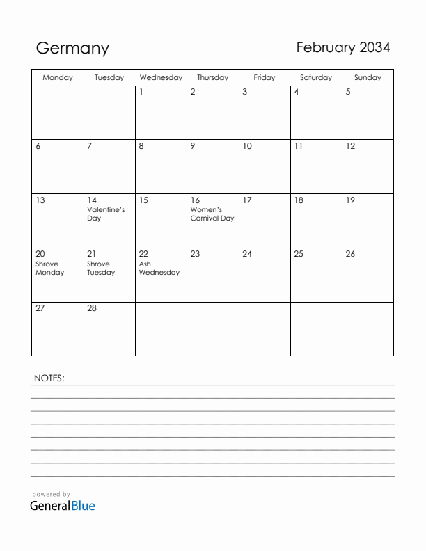 February 2034 Germany Calendar with Holidays (Monday Start)