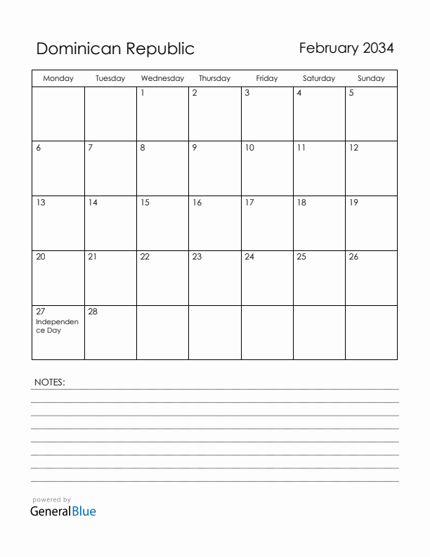 February 2034 Dominican Republic Calendar with Holidays (Monday Start)