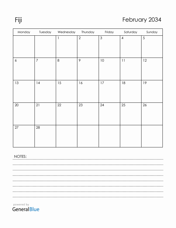 February 2034 Fiji Calendar with Holidays (Monday Start)