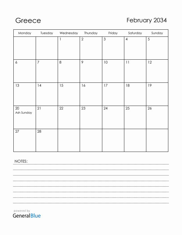 February 2034 Greece Calendar with Holidays (Monday Start)
