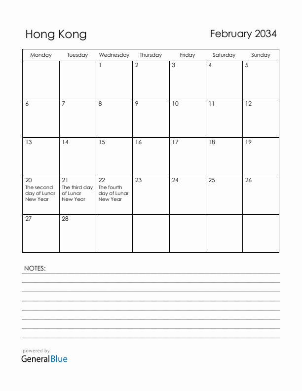 February 2034 Hong Kong Calendar with Holidays (Monday Start)