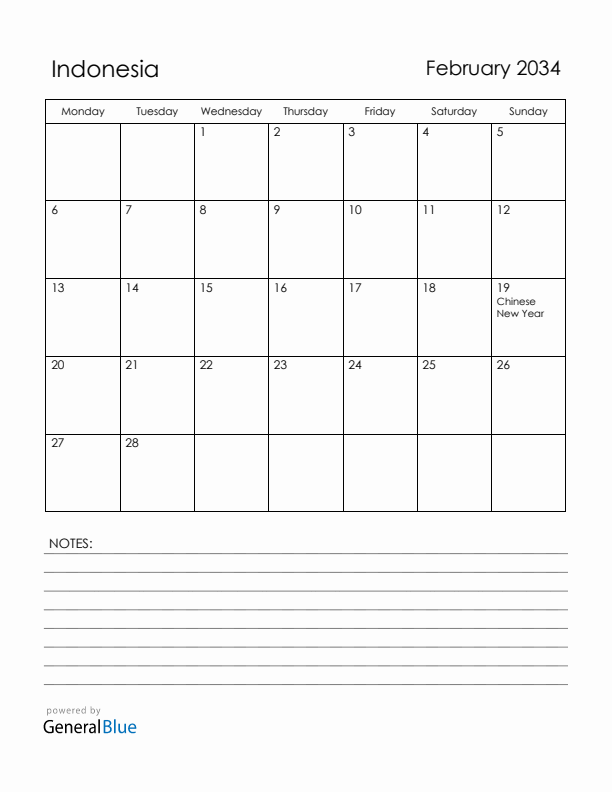 February 2034 Indonesia Calendar with Holidays (Monday Start)