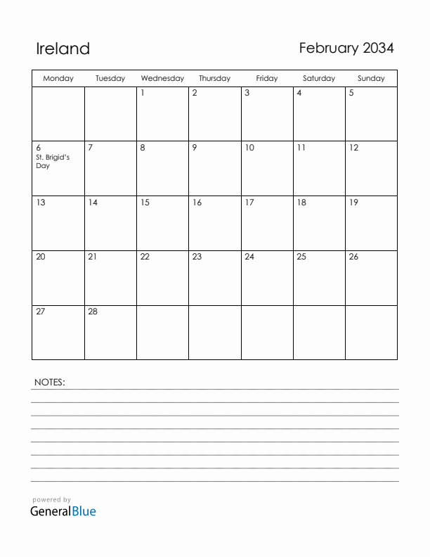 February 2034 Ireland Calendar with Holidays (Monday Start)
