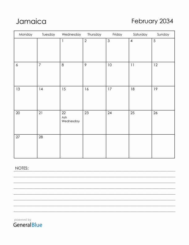 February 2034 Jamaica Calendar with Holidays (Monday Start)