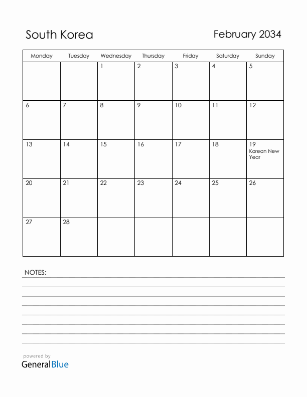 February 2034 South Korea Calendar with Holidays (Monday Start)