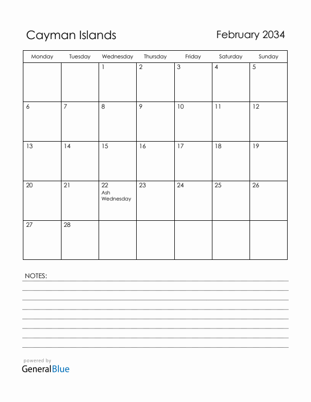 February 2034 Cayman Islands Calendar with Holidays (Monday Start)