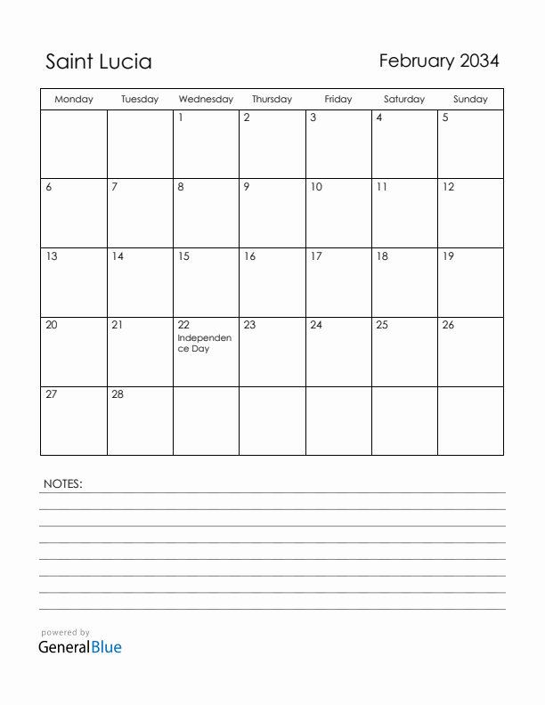 February 2034 Saint Lucia Calendar with Holidays (Monday Start)