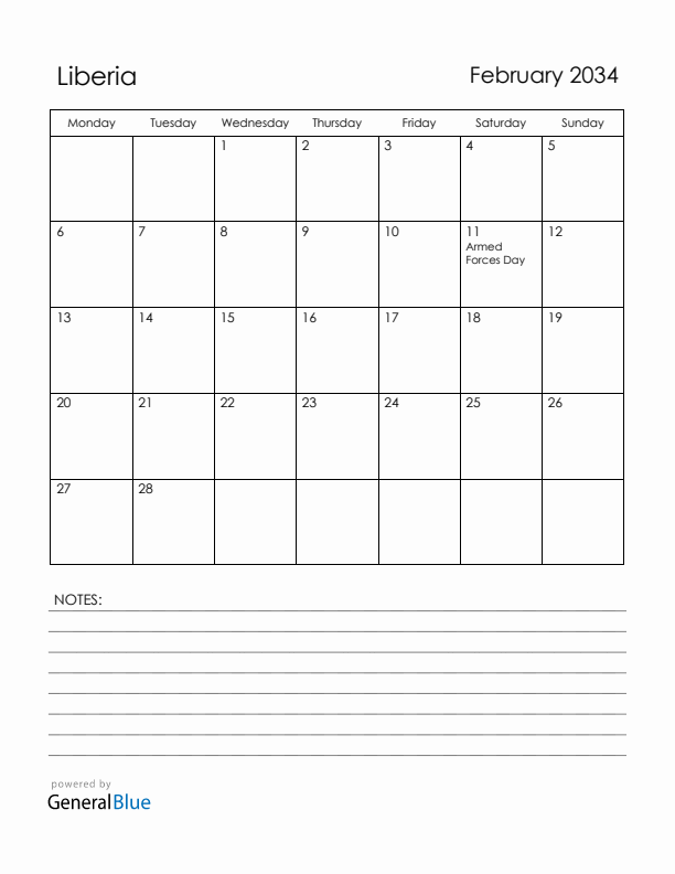 February 2034 Liberia Calendar with Holidays (Monday Start)