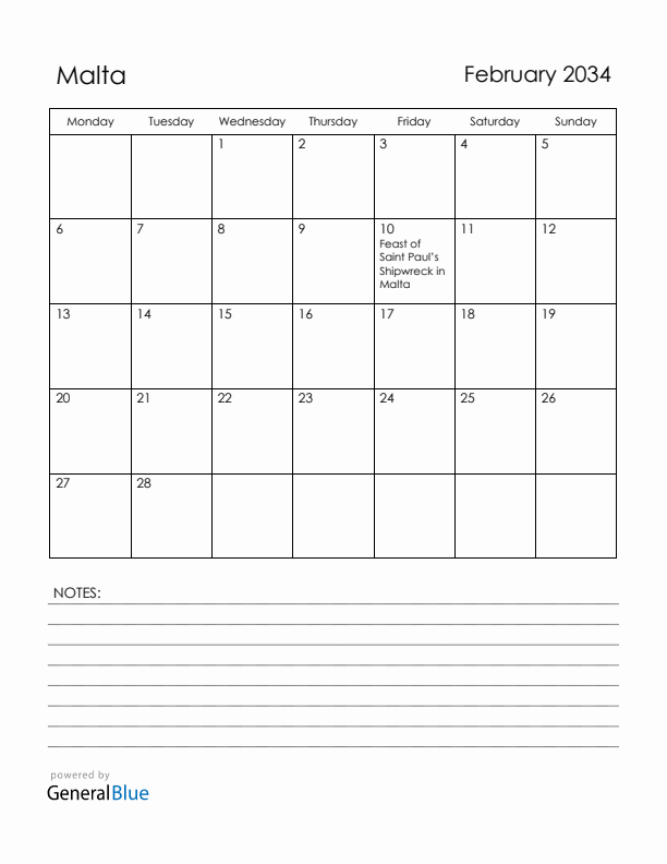 February 2034 Malta Calendar with Holidays (Monday Start)