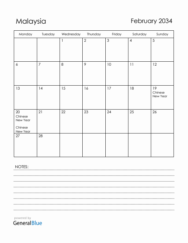 February 2034 Malaysia Calendar with Holidays (Monday Start)