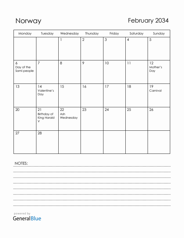 February 2034 Norway Calendar with Holidays (Monday Start)