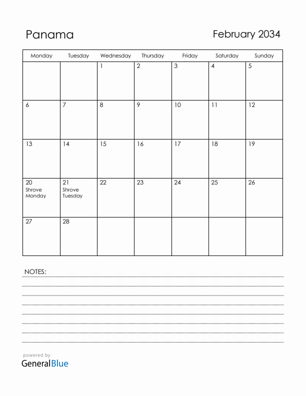 February 2034 Panama Calendar with Holidays (Monday Start)