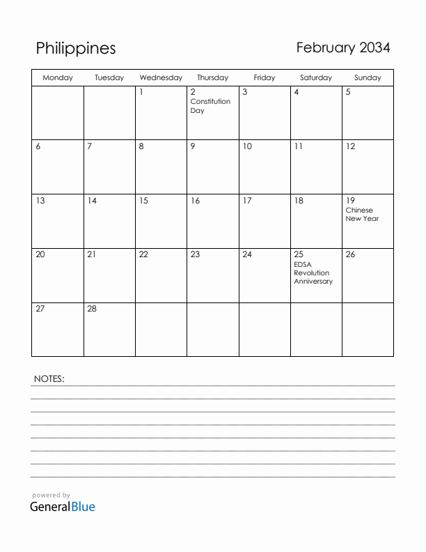 February 2034 Philippines Calendar with Holidays (Monday Start)