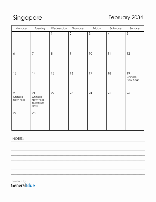 February 2034 Singapore Calendar with Holidays (Monday Start)