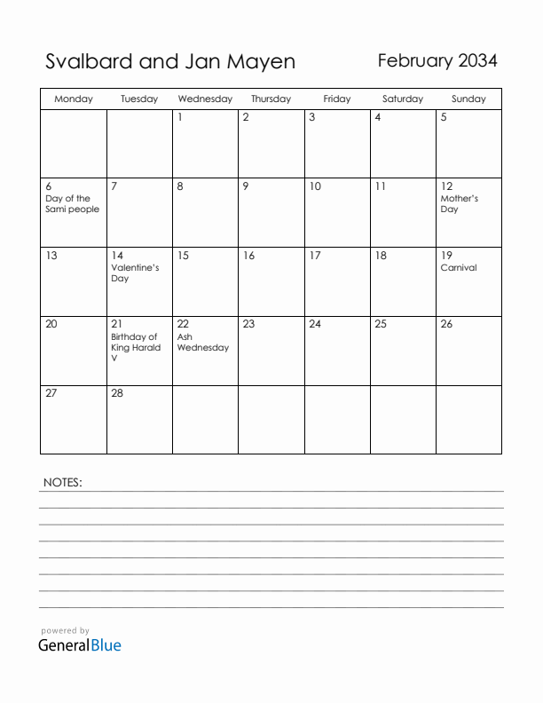 February 2034 Svalbard and Jan Mayen Calendar with Holidays (Monday Start)