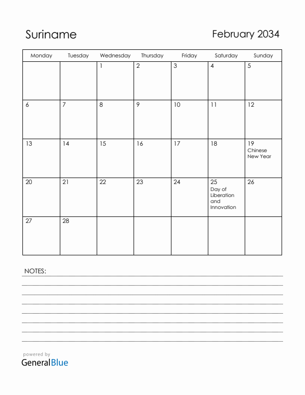 February 2034 Suriname Calendar with Holidays (Monday Start)