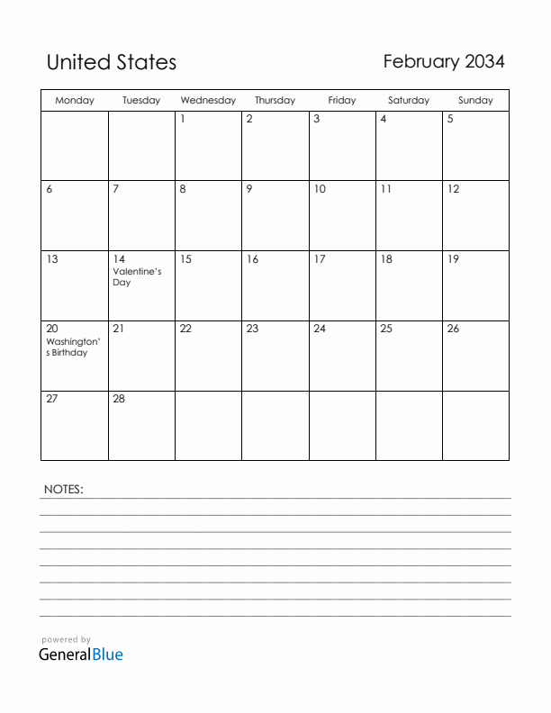 February 2034 United States Calendar with Holidays (Monday Start)