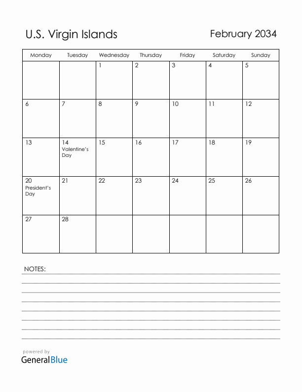 February 2034 U.S. Virgin Islands Calendar with Holidays (Monday Start)