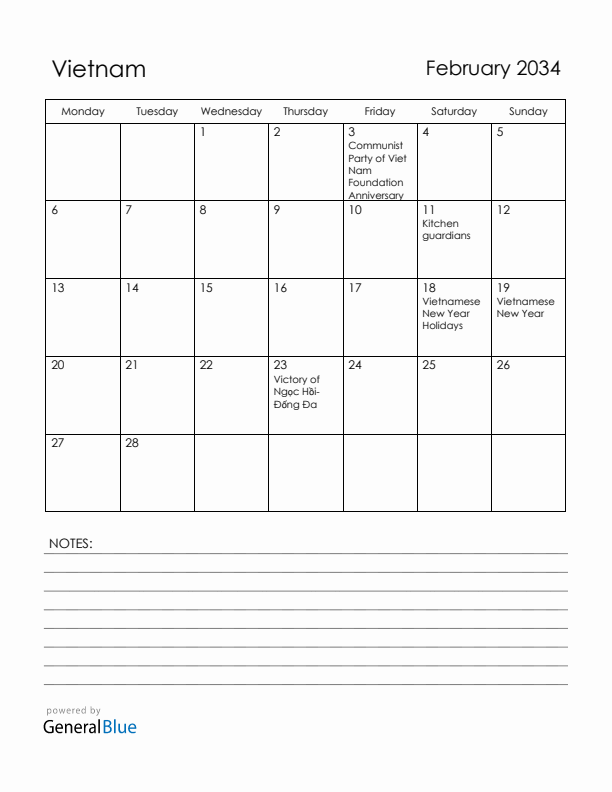 February 2034 Vietnam Calendar with Holidays (Monday Start)