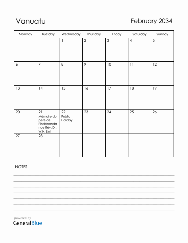 February 2034 Vanuatu Calendar with Holidays (Monday Start)
