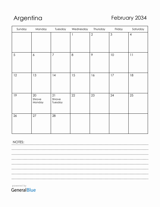February 2034 Argentina Calendar with Holidays (Sunday Start)