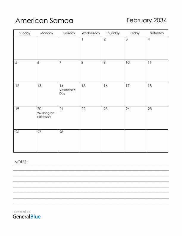 February 2034 American Samoa Calendar with Holidays (Sunday Start)