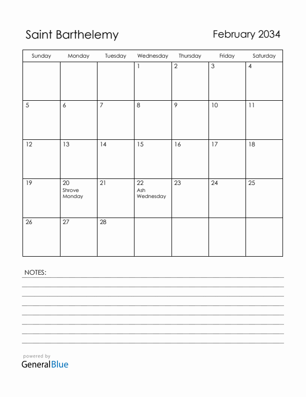February 2034 Saint Barthelemy Calendar with Holidays (Sunday Start)