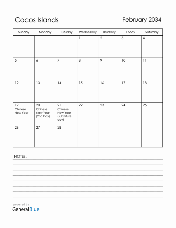 February 2034 Cocos Islands Calendar with Holidays (Sunday Start)