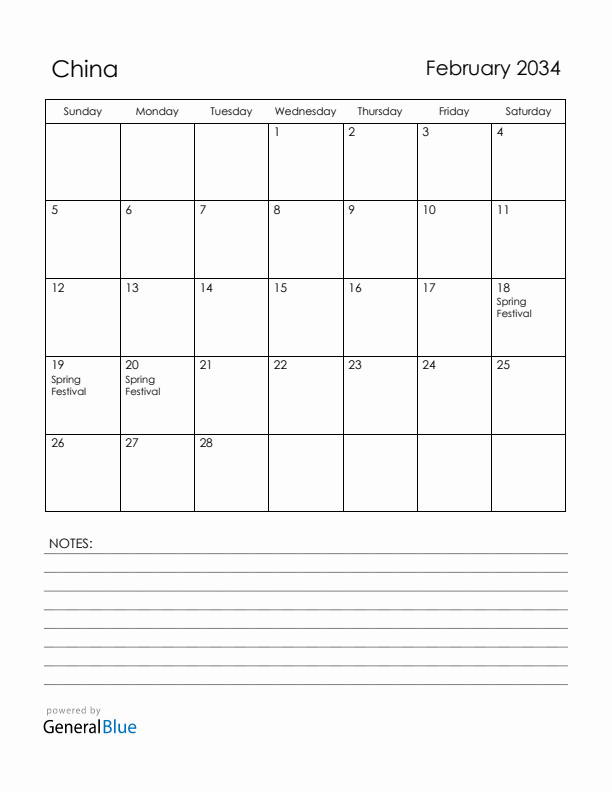 February 2034 China Calendar with Holidays (Sunday Start)