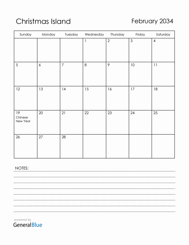 February 2034 Christmas Island Calendar with Holidays (Sunday Start)