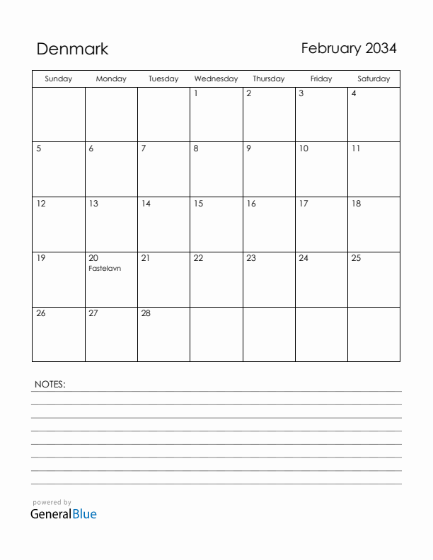 February 2034 Denmark Calendar with Holidays (Sunday Start)