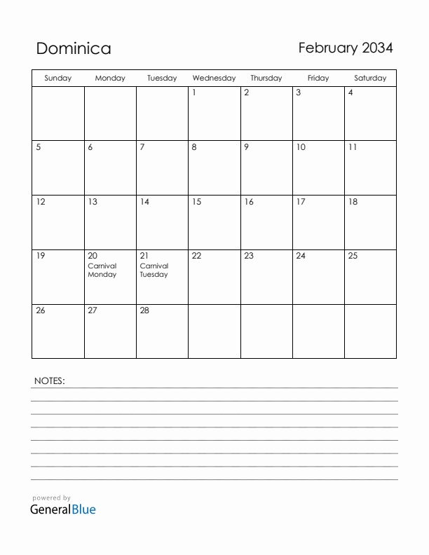 February 2034 Dominica Calendar with Holidays (Sunday Start)