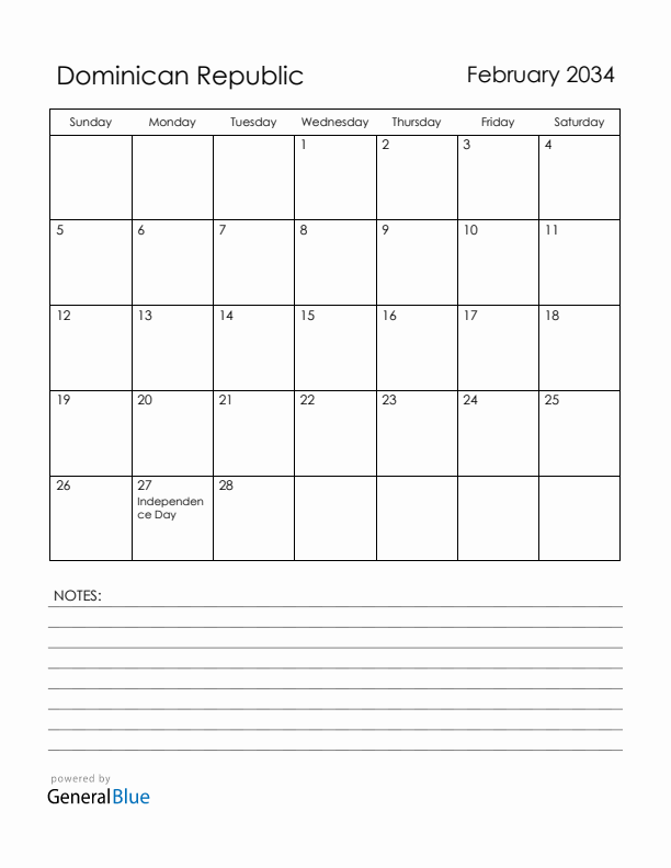 February 2034 Dominican Republic Calendar with Holidays (Sunday Start)