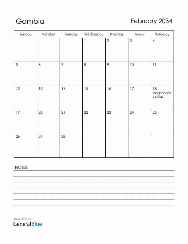 February 2034 Gambia Calendar with Holidays (Sunday Start)