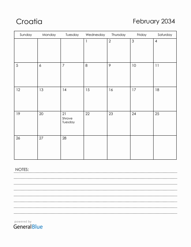 February 2034 Croatia Calendar with Holidays (Sunday Start)