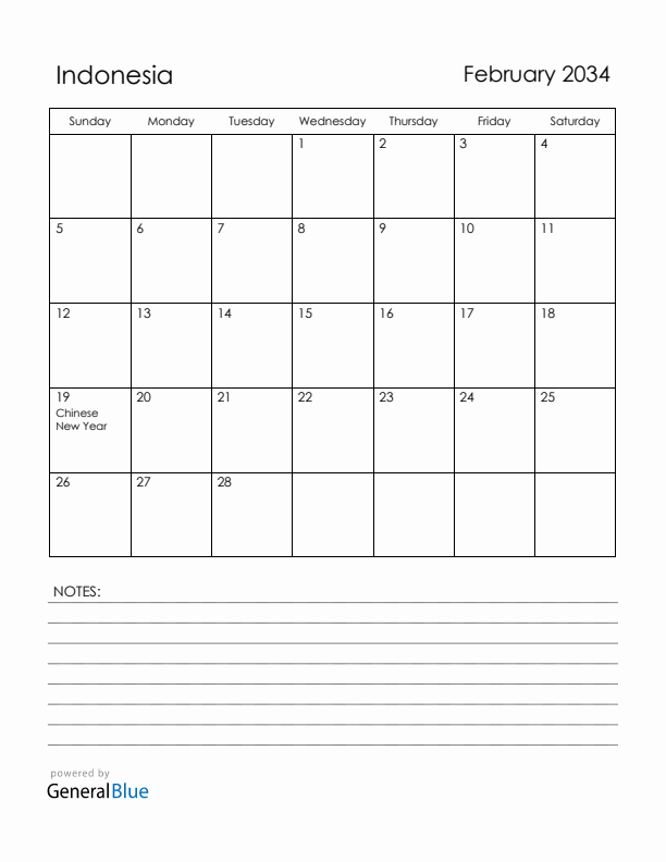 February 2034 Indonesia Calendar with Holidays (Sunday Start)