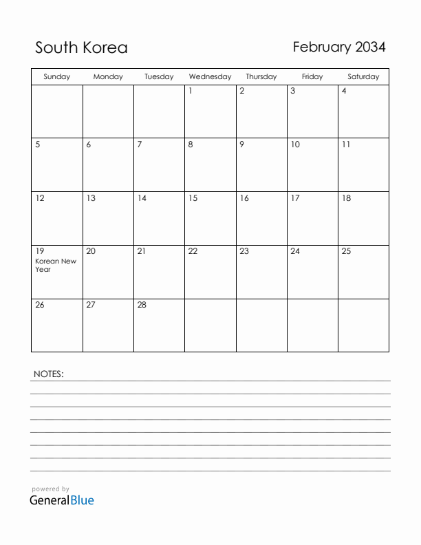 February 2034 South Korea Calendar with Holidays (Sunday Start)