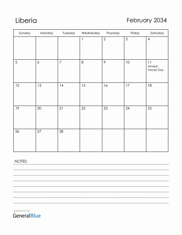 February 2034 Liberia Calendar with Holidays (Sunday Start)