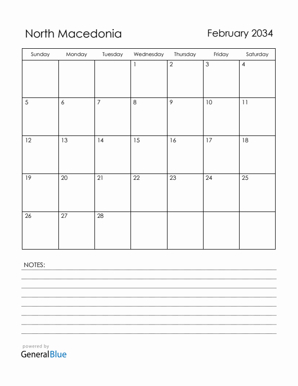 February 2034 North Macedonia Calendar with Holidays (Sunday Start)