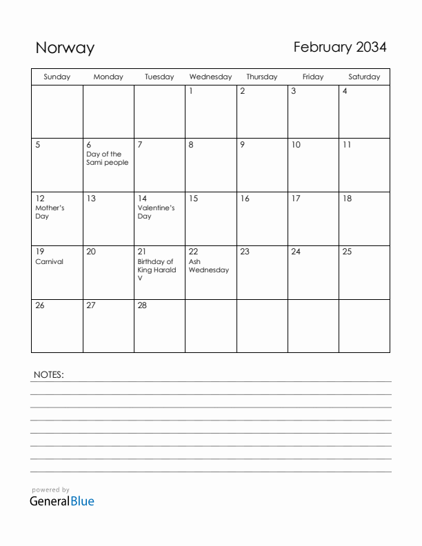 February 2034 Norway Calendar with Holidays (Sunday Start)
