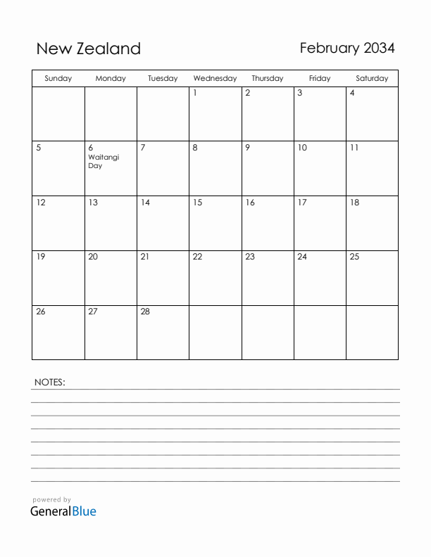 February 2034 New Zealand Calendar with Holidays (Sunday Start)